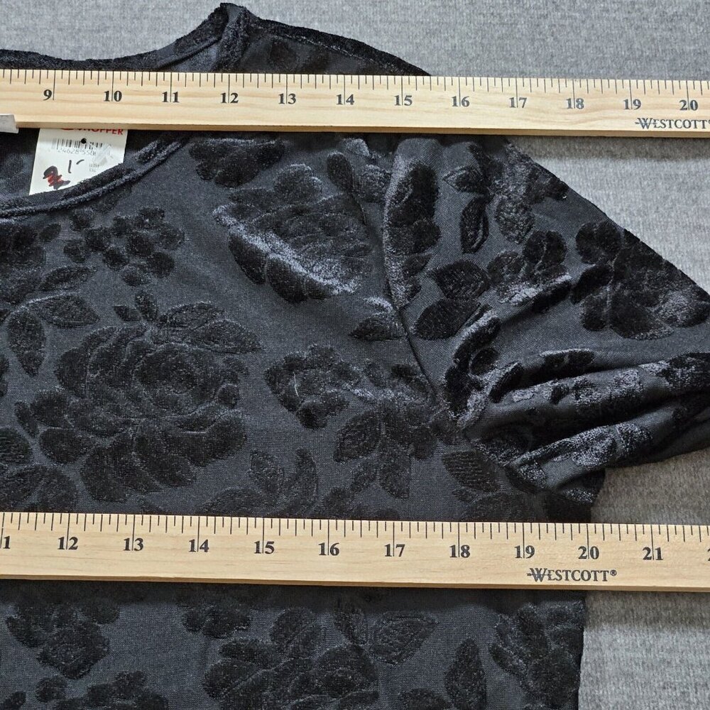 First Option Top M Women Black LS Round Neck Floral Burn Out Velvet Goth Y2K VTG - Picture 4 of 14